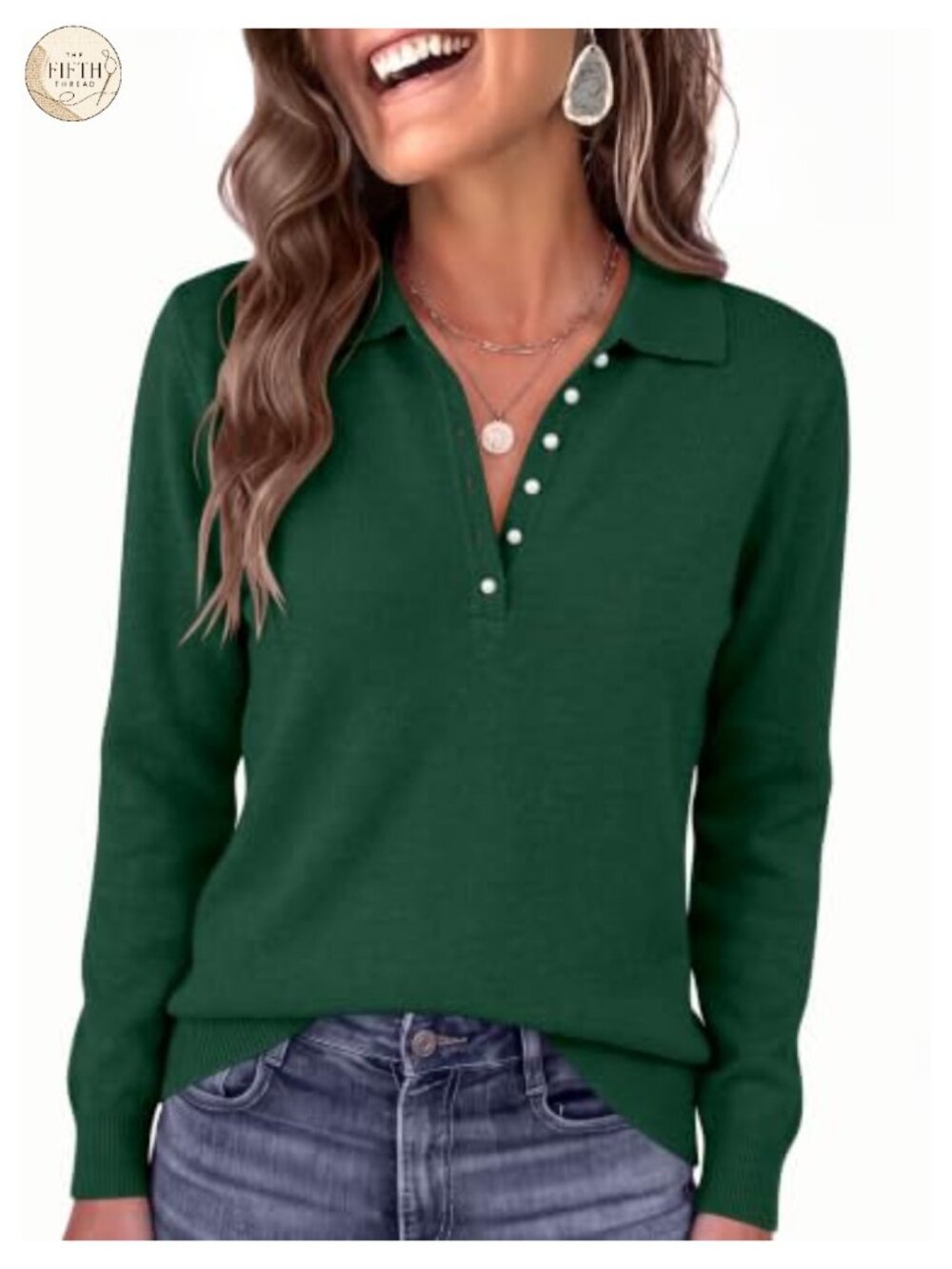 Women's Long Sleeve Polo Sweater Pearl Button Lightweight Knit Pullover